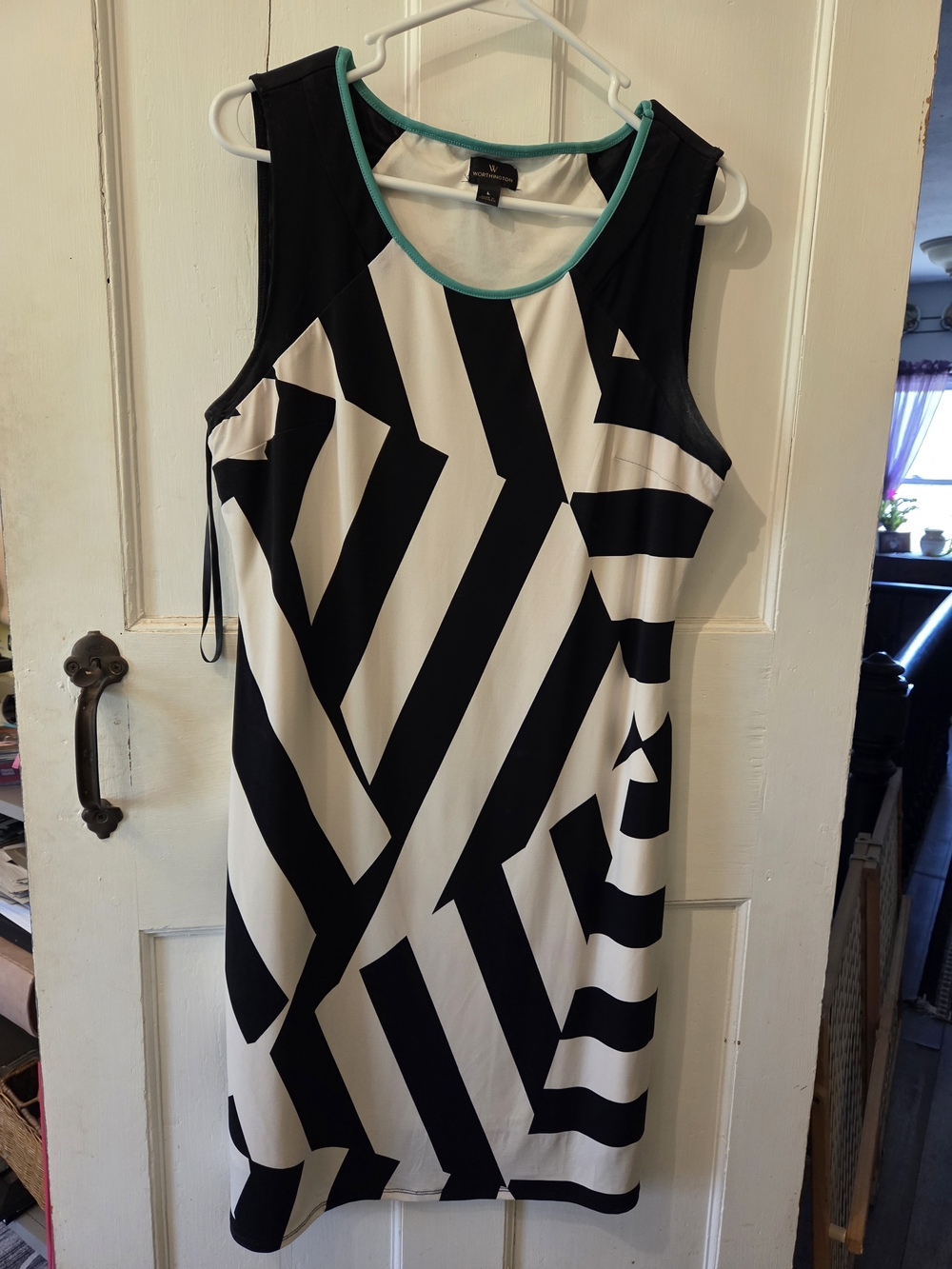 Worthington Black and White Geometric Shift Dress with Teal Trim